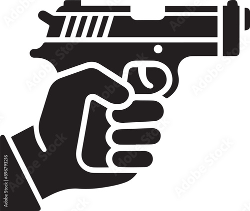 hand holding gun Black and white vector icon.