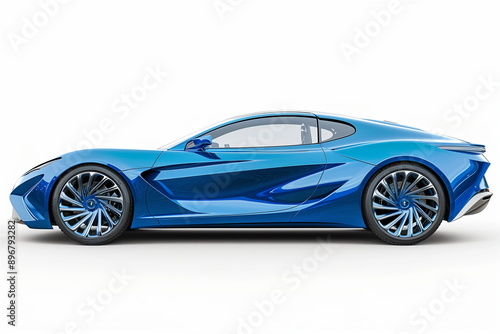 Side view of a luxury blue sports car on a white background.
