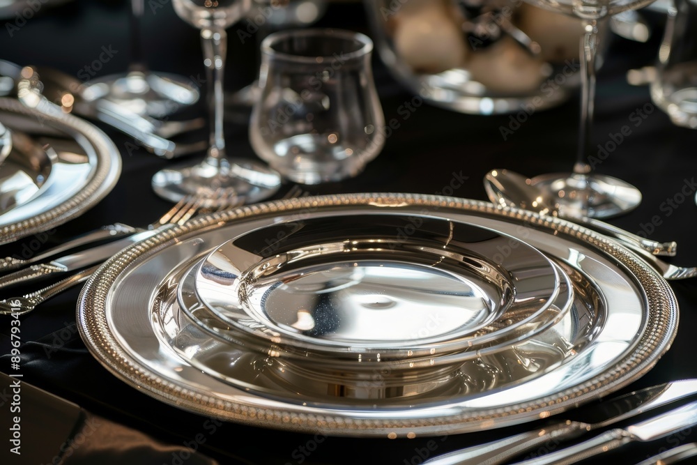 A silver table setting with plates, glassware, and silverware arranged elegantly, Elegant silverware and glassware set on the table A silver table setting with plates, glassware, and silverware arranged elegantly, Elegant silverware and glassware set on the table