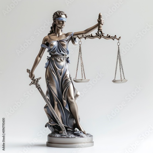 A silver statue of Justice holding scales stands prominently against a white background, symbolizing fairness and balance with a sleek, modern design.