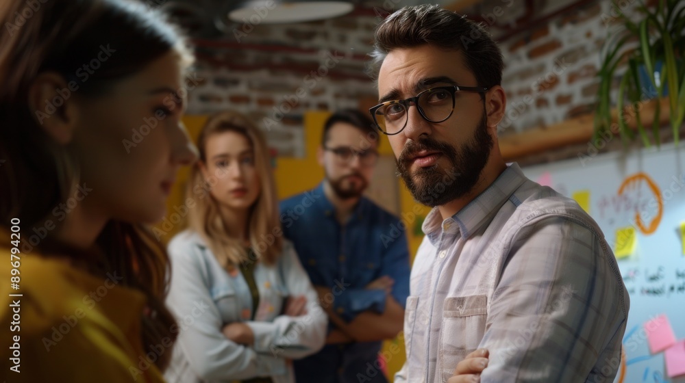 Close-up of a team leader presenting on a whiteboard, team members listening attentively, focused and collaborative, modern office, Portrait half-body, hyper-realistic, high detail, photorealistic, Close-up of a team leader presenting on a whiteboard, team members listening attentively, focused and collaborative, modern office, Portrait half-body, hyper-realistic, high detail, photorealistic,