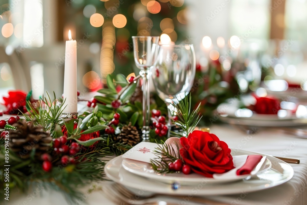A festive table set with red roses and greenery for a Christmas celebration, Elegant table settings with holiday themed centerpieces A festive table set with red roses and greenery for a Christmas celebration, Elegant table settings with holiday themed centerpieces