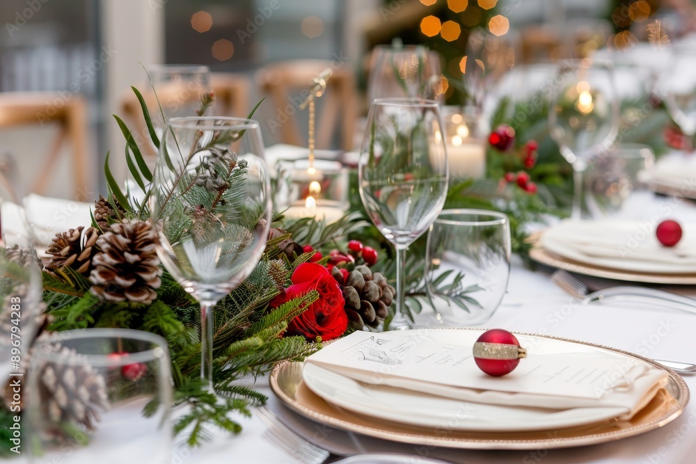 A holiday-themed table set with elegant decorations, featuring pine cones and greenery, Elegant table settings with holiday themed centerpieces A holiday-themed table set with elegant decorations, featuring pine cones and greenery, Elegant table settings with holiday themed centerpieces