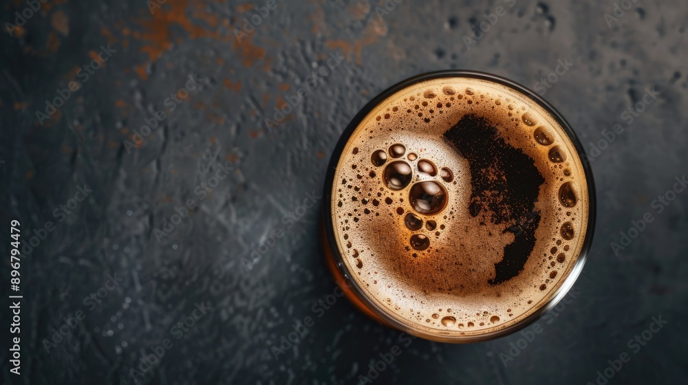 Glass of coffee-infused dark stout beer, top view on a dark background. Rich and creamy with a bold flavor profile Glass of coffee-infused dark stout beer, top view on a dark background. Rich and creamy with a bold flavor profile