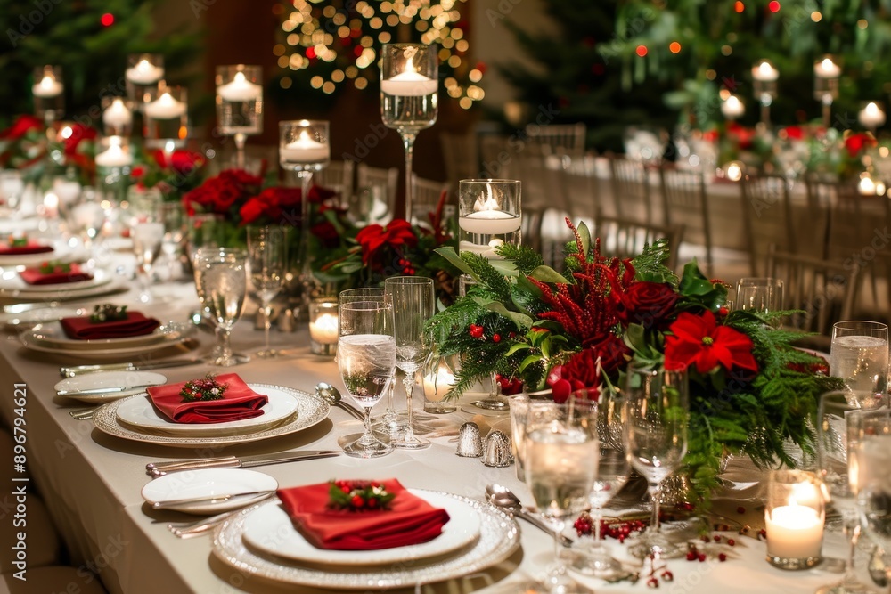 A table set for Christmas with stylish red and green decorations, creating a festive ambiance, Elegant table settings with holiday themed centerpieces A table set for Christmas with stylish red and green decorations, creating a festive ambiance, Elegant table settings with holiday themed centerpieces