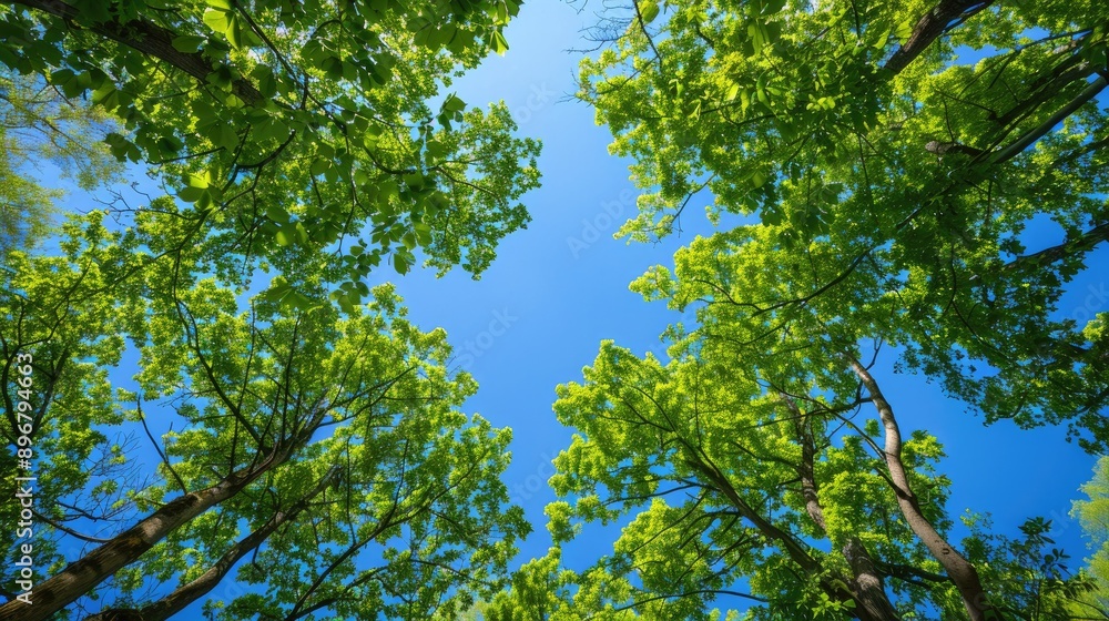 Green tree canopies against a clear blue sky, highlighting the beauty and calmness of the natural world. Serene and picturesque Green tree canopies against a clear blue sky, highlighting the beauty and calmness of the natural world. Serene and picturesque