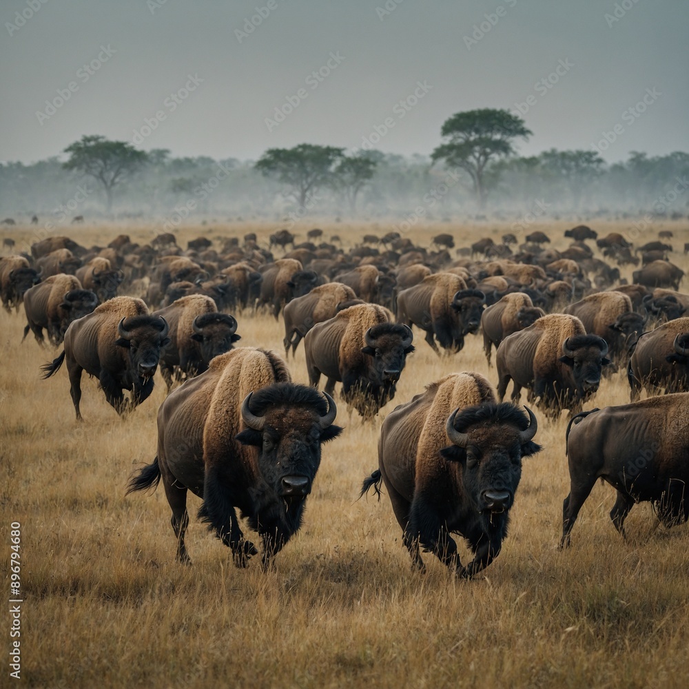 A herd of buffalo stampeding across a grassy plain. A herd of buffalo stampeding across a grassy plain.
