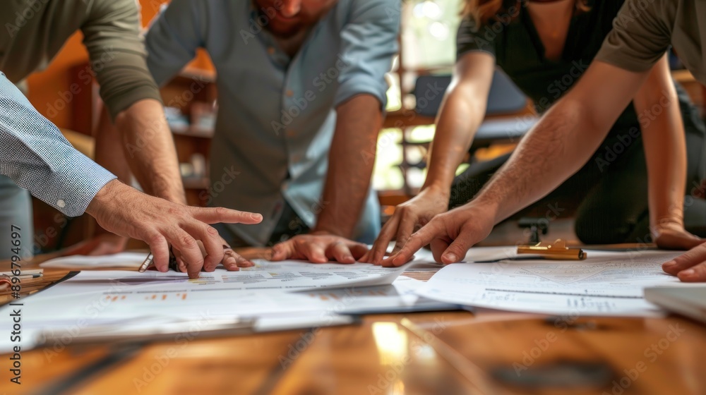 Close-up of a diverse team working together on a project, hands pointing at documents, collaborative spirit, modern office, Portrait half-body, hyper-realistic, high detail, photorealistic, Key Close-up of a diverse team working together on a project, hands pointing at documents, collaborative spirit, modern office, Portrait half-body, hyper-realistic, high detail, photorealistic, Key