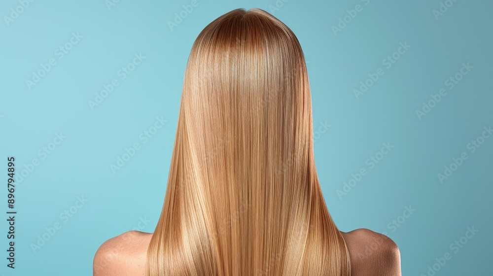 Healthy, straight blonde hair of a woman seen from behind, showcasing the results of meticulous hair care and straightening Healthy, straight blonde hair of a woman seen from behind, showcasing the results of meticulous hair care and straightening