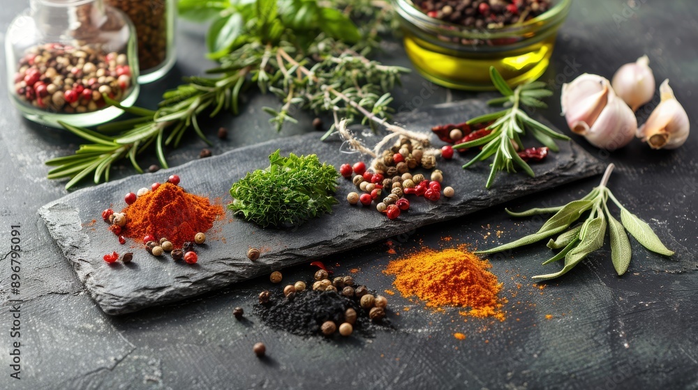 Fresh herbs and spices on a dark stone slab Fresh herbs and spices on a dark stone slab