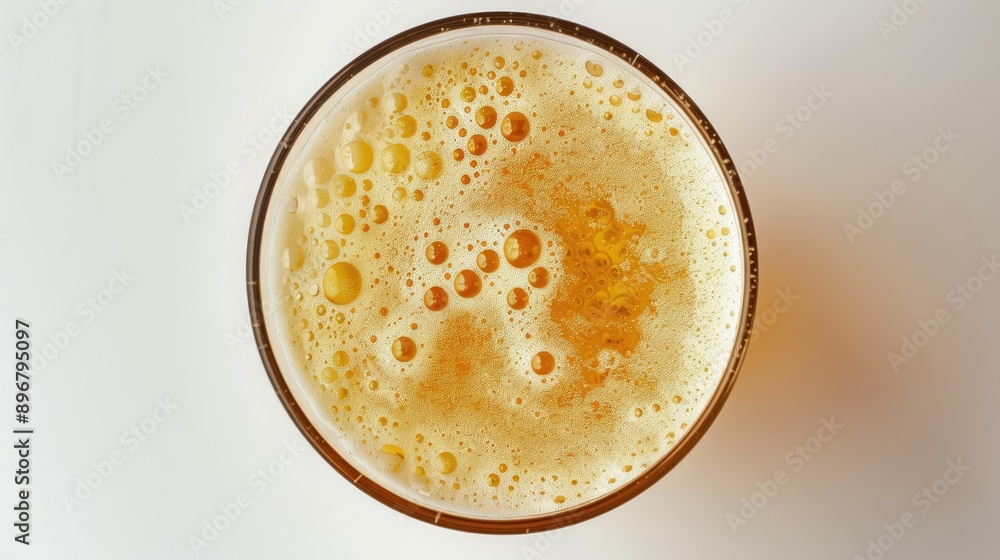 Isolated top view of a frothy golden beer in a glass, featuring unfiltered lager with bubbles. Ale froth on a white background Isolated top view of a frothy golden beer in a glass, featuring unfiltered lager with bubbles. Ale froth on a white background