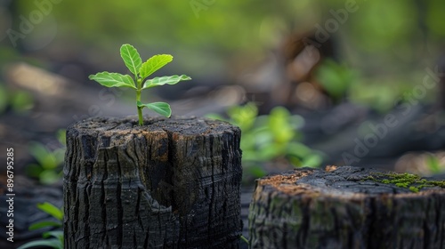 New sprout growing from old stumps, symbolizing new beginnings and business development. Focus on hope, life, and future building