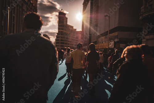 A couple in love, silhouetted against the sunset, holding hands and looking at each other as they walk down a crowded street.