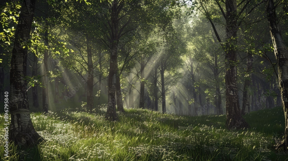 Naklejka premium Sunlight streaming through the forest, highlighting a natural landscape of trunks, twigs, and grass. Peaceful and scenic