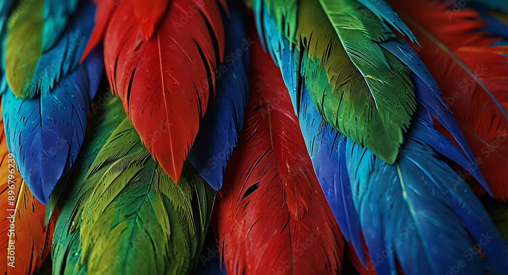 Fototapeta premium A colorful illustration of parrot feathers in an extreme close-up, highlighting the vivid green, blue, and red hues, with space for text.