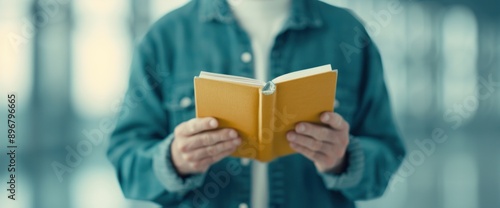 Full body shot of a left-handed person holding a book with natural lighting and plenty of space around