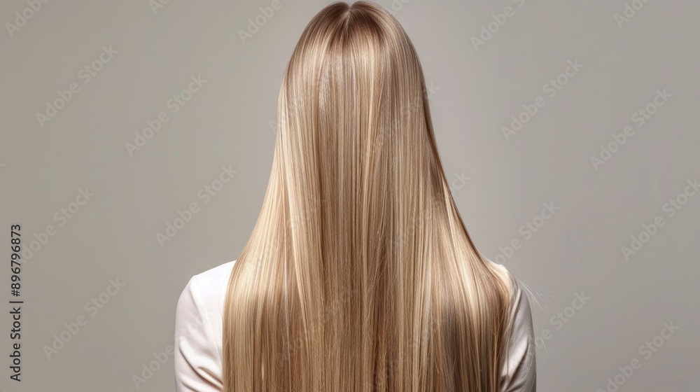 Naklejka premium Woman with long, straight, and healthy blonde hair from behind. Emphasis on hair care and straightening results