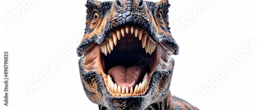 Close-up of a roaring dinosaur with sharp teeth and open mouth on a white background, showcasing detailed texture and fierce expression.