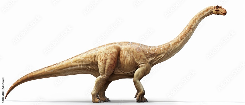 Realistic illustration of a Brachiosaurus dinosaur on a white background, showcasing its long neck and tail in great detail. Realistic illustration of a Brachiosaurus dinosaur on a white background, showcasing its long neck and tail in great detail.