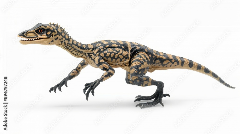 Realistic model of a dinosaur velociraptor isolated on white background, showcasing detailed anatomy and texture for educational or artistic use. Realistic model of a dinosaur velociraptor isolated on white background, showcasing detailed anatomy and texture for educational or artistic use.