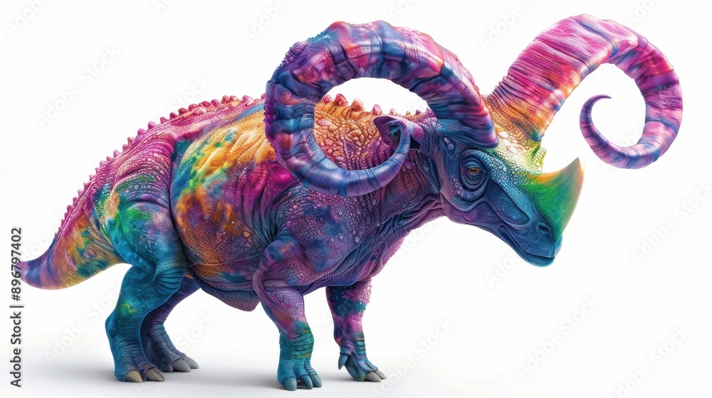 Obraz premium Vibrant multicolored dinosaur figurine with intricate designs and large curved horns isolated on a white background.