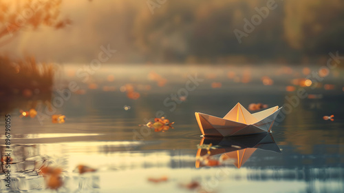 A beautiful landscape of a paper boat sailing in a lake. photo