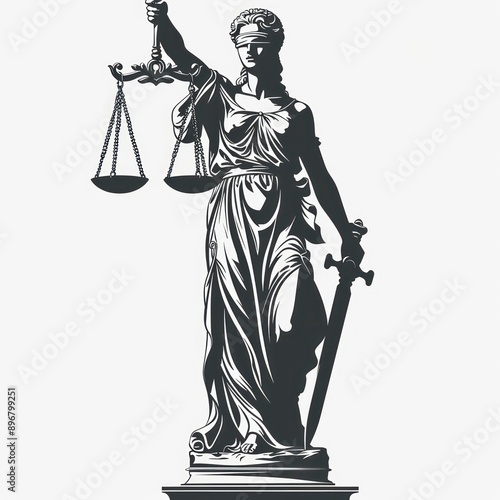 The law firm's white backdrop highlights a detailed sculpture of justice, with a column and architectural elements, representing fairness and the legal system