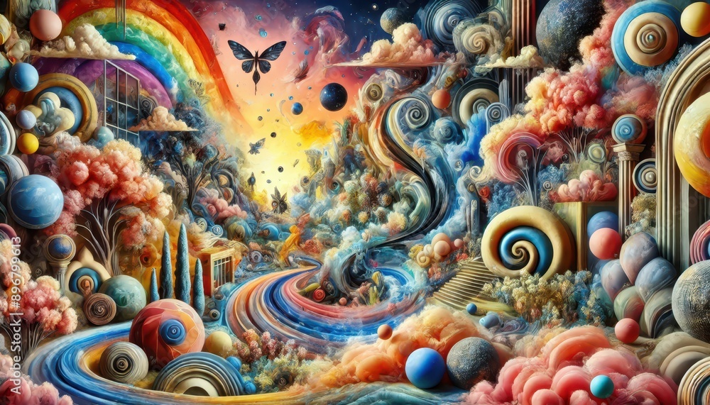 custom made wallpaper toronto digitalAbstract Surreal Landscape with Rainbow, Butterfly, and Spirals.