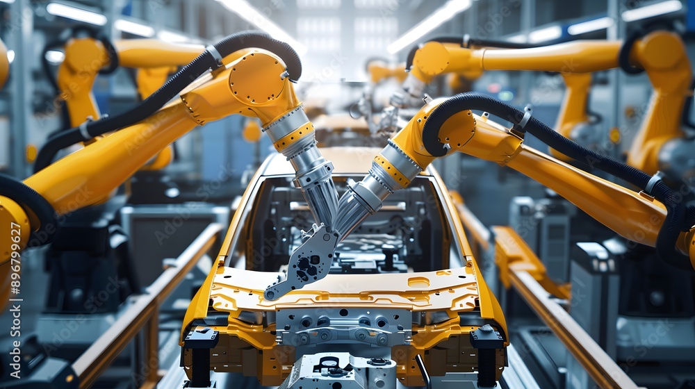 Industrial Robot Arm: A powerful industrial robot arm assembling car parts in an automated factory.
Industrial Robot Arm: A powerful industrial robot arm assembling car parts in an automated factory.