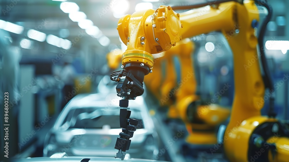 Industrial Robot Arm: A powerful industrial robot arm assembling car parts in an automated factory.
Industrial Robot Arm: A powerful industrial robot arm assembling car parts in an automated factory.