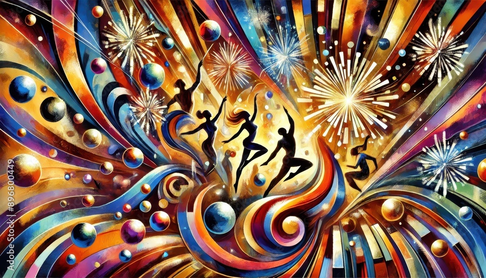 Abstract Painting of Silhouettes Dancing with Fireworks and Bubbles. Abstract Painting of Silhouettes Dancing with Fireworks and Bubbles.