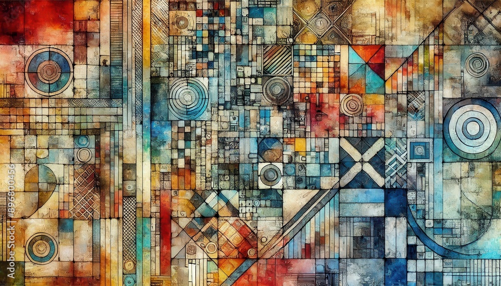Abstract Geometric Artwork with Circles, Squares and Rectangles in Warm Colors.