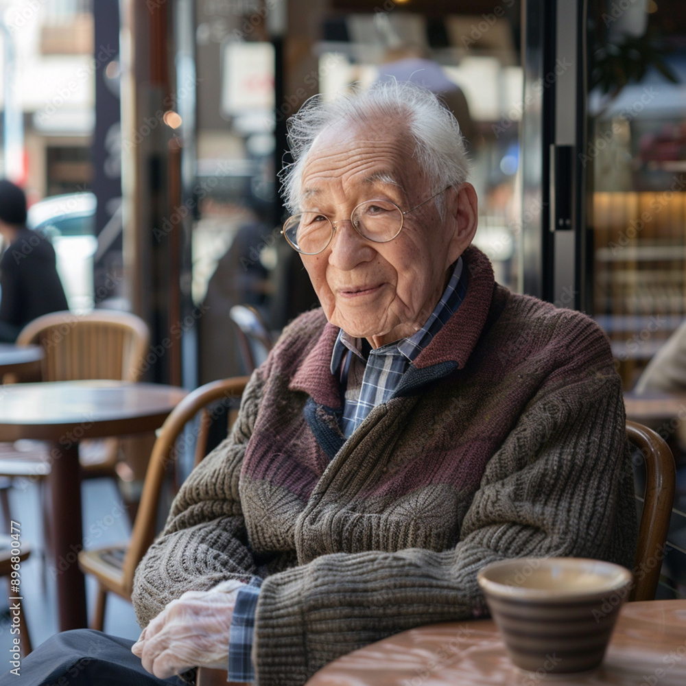 Portrait photo of an elderly Japanese man sitting in a chair at a cafe Portrait photo of an elderly Japanese man sitting in a chair at a cafe