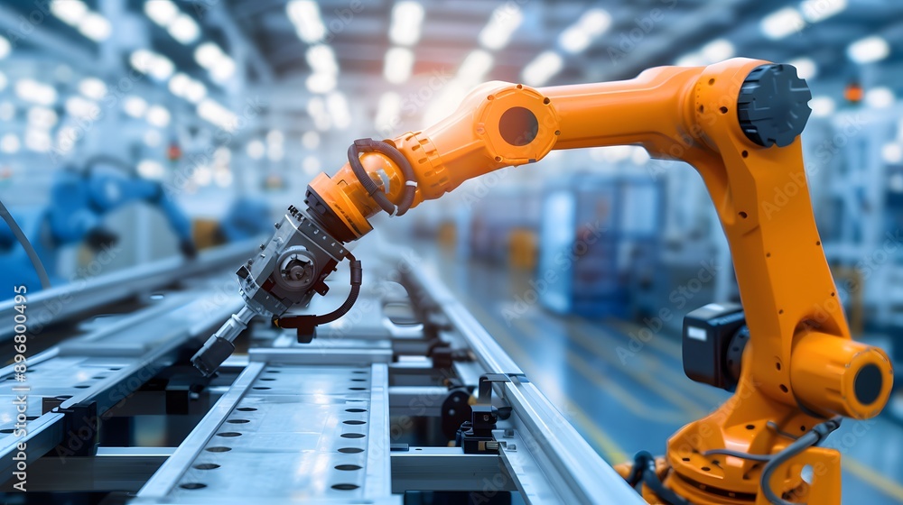 Industrial Robot Arm: A powerful industrial robot arm assembling car parts in an automated factory.
Industrial Robot Arm: A powerful industrial robot arm assembling car parts in an automated factory.