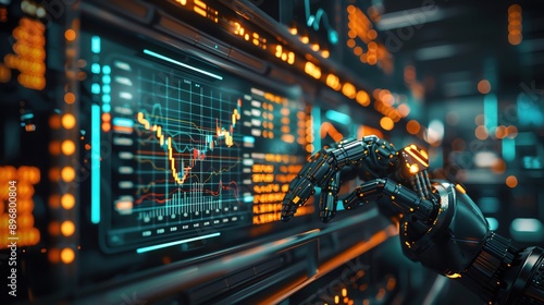 An AIdriven financial trading floor with robots and algorithms executing trades, more clarity with clear light and sharp focus, high detailed photo