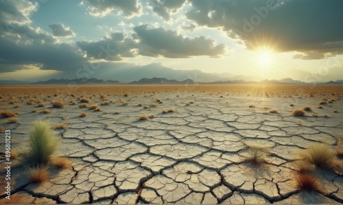 Barren Landscape: Depleted vast barren landscape cracks crevices