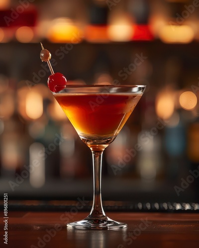 A cocktail in a glass with a lemon twist, served at a bar, offering a vibrant, cold drink perfect for a lively party.