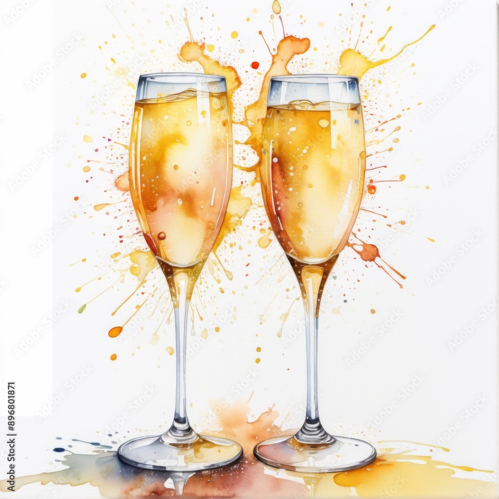 Watercolor illustration two champagne glasses glasses are filled Watercolor illustration two champagne glasses glasses are filled