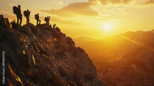 A silhouette of people stands on a mountain, witnessing a breathtaking sunrise with vibrant colors and a serene sky, evoking a sense of adventure and peace.