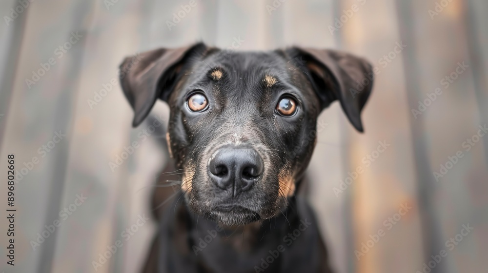 An adorable dog is captured looking up at the camera with wide, expressive eyes full of curiosity and affection. The background is softly blurred