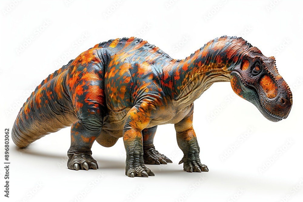 Fototapeta premium A toy dinosaur standing on a white background.
