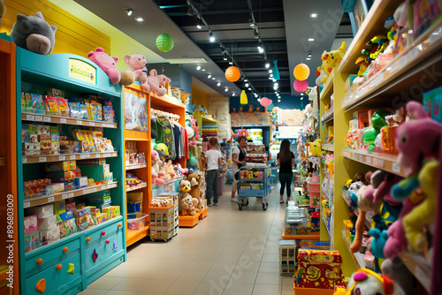 Toy store with colorful shelves and customers .