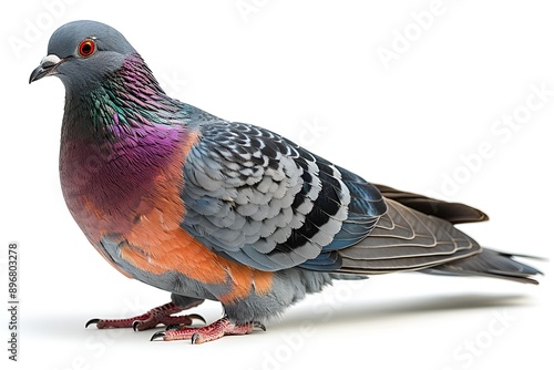  Colorful pigeon perched on white background. photo