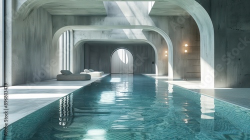 An indoor pool complex featuring infinite geometric rooms, sleek architecture, and reflective water surfaces, creating a mesmerizing and serene atmosphere.