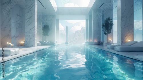 Wallpaper Mural An indoor pool complex featuring infinite geometric rooms, sleek architecture, and reflective water surfaces, creating a mesmerizing and serene atmosphere. Torontodigital.ca