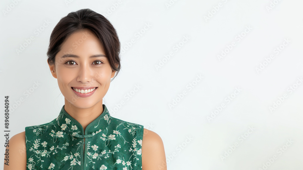 Chinese female smile in traditional cheongsam dress isolated on gray Chinese female smile in traditional cheongsam dress isolated on gray