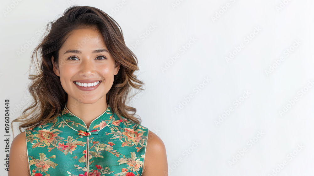 Hispanic female smile in traditional cheongsam dress isolated on gray Hispanic female smile in traditional cheongsam dress isolated on gray