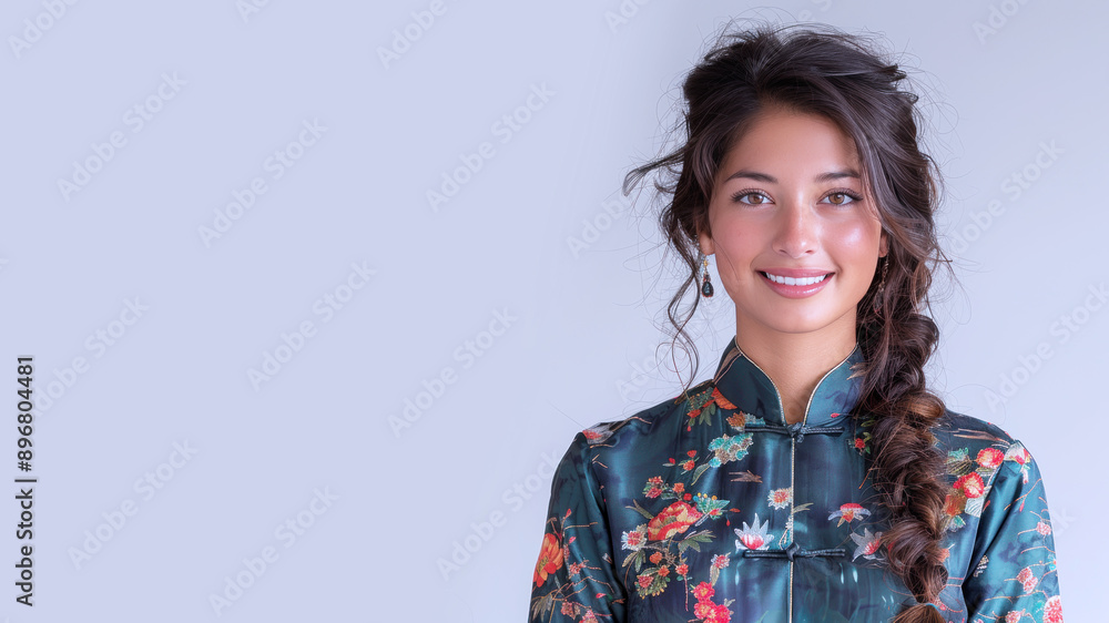 Indian female smile in traditional cheongsam dress isolated on gray Indian female smile in traditional cheongsam dress isolated on gray