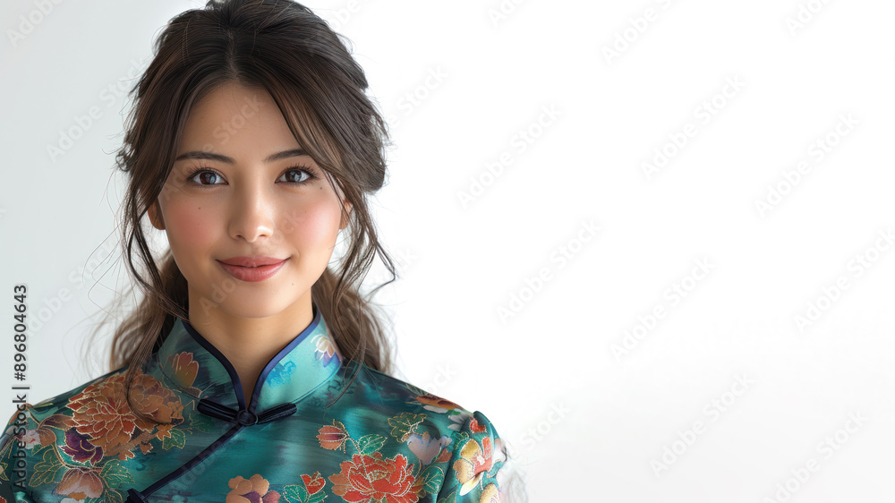 Japanese female smile in traditional cheongsam dress isolated on gray
