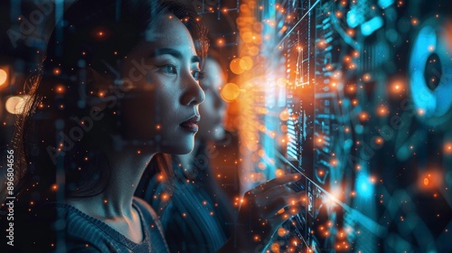 A focused woman interacts with a high-tech interface, surrounded by shimmering lights, symbolizing innovation and technology.